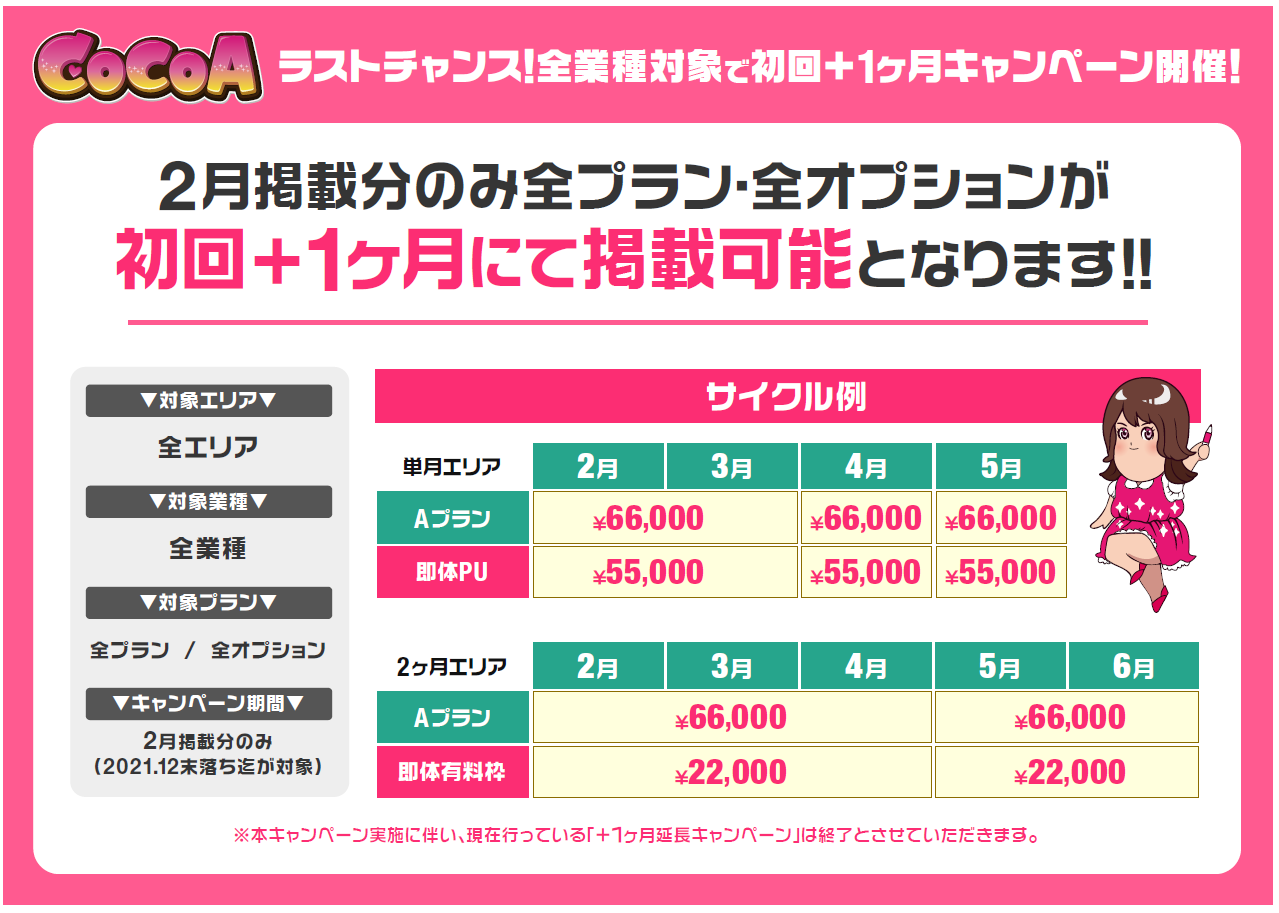 ココア：初回+1ヶ月キャンペーン