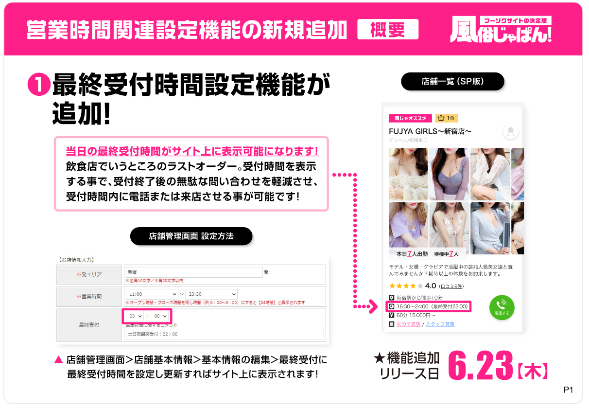 風俗じゃぱん・営業時間表示関連機能
