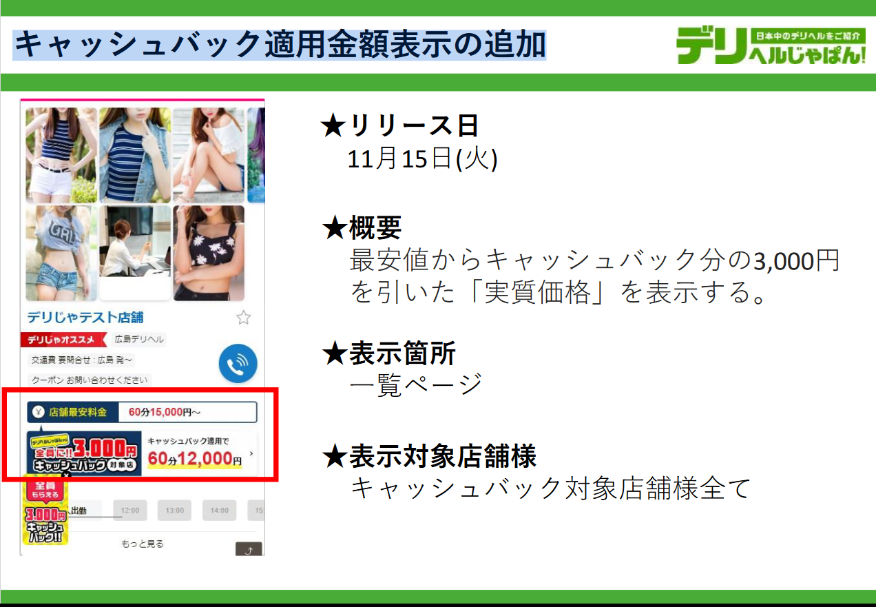 デリヘルじゃぱん：キャッシュバック適用金
