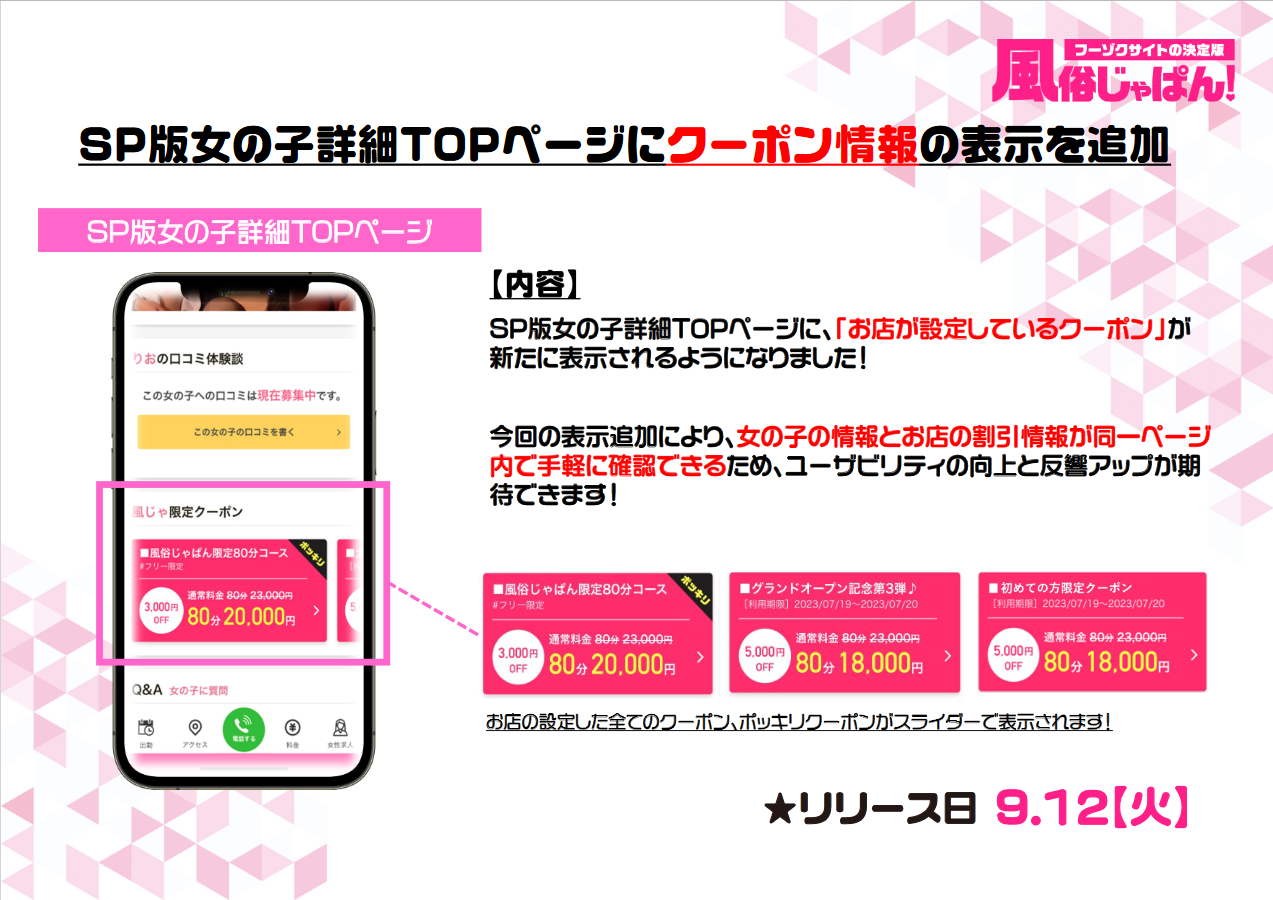 風俗じゃぱん：女の子詳細TOPにクーポン表示を追加