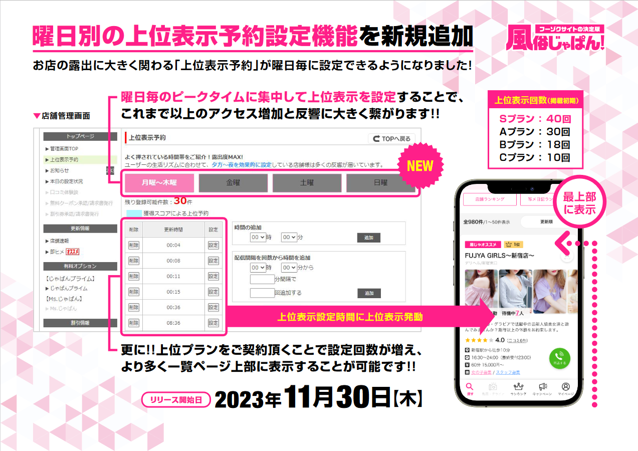 風俗じゃぱん：曜日別上位予約機能