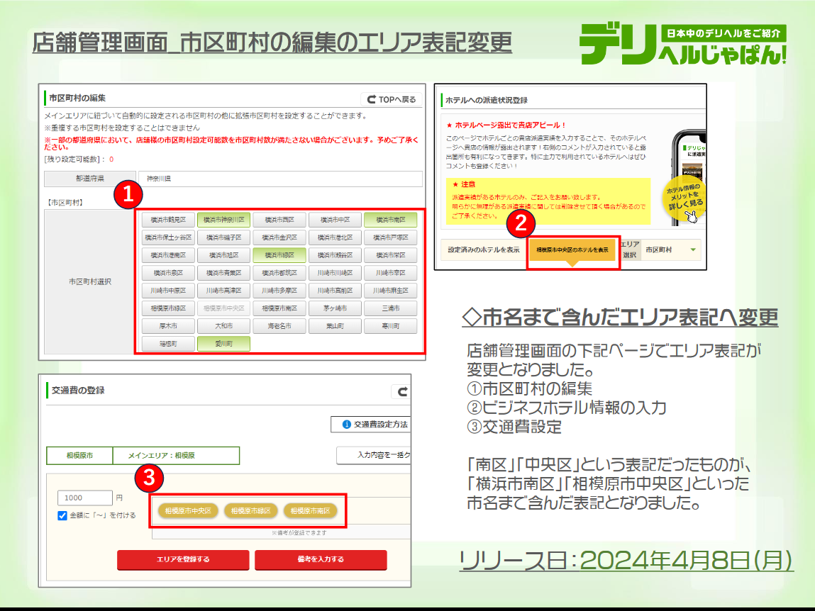 デリヘルじゃぱん：店舗管理画面_市区町村の編集のエリア表記変更