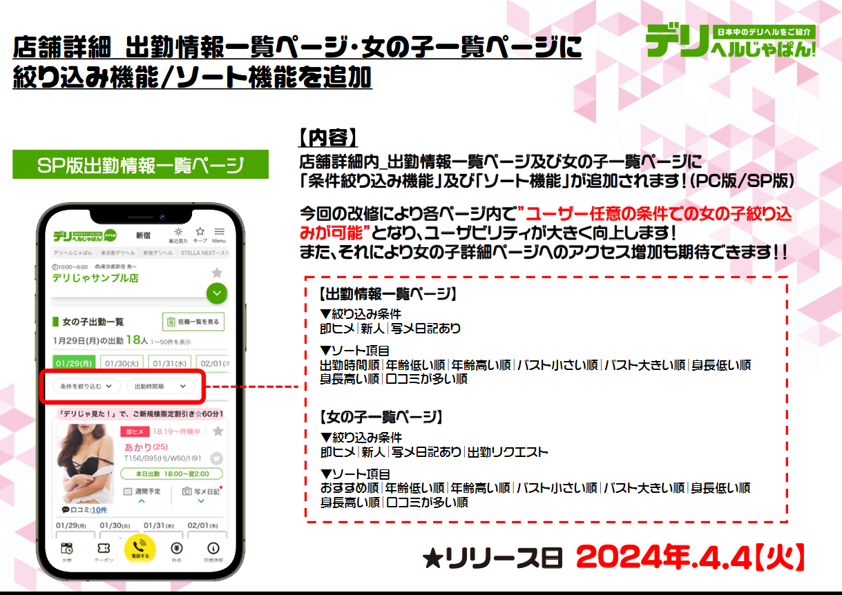 デリヘルじゃぱん：店舗詳細_出勤情報一覧ページに絞り込み機能_ソート機能を追加