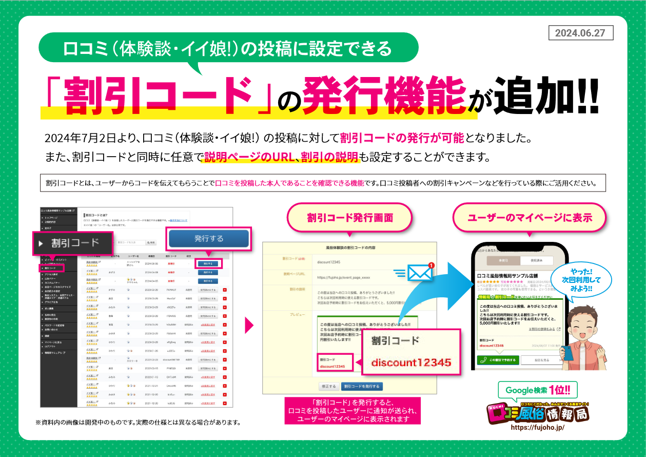 口コミ風俗情報局：割引コード発行機能6.28