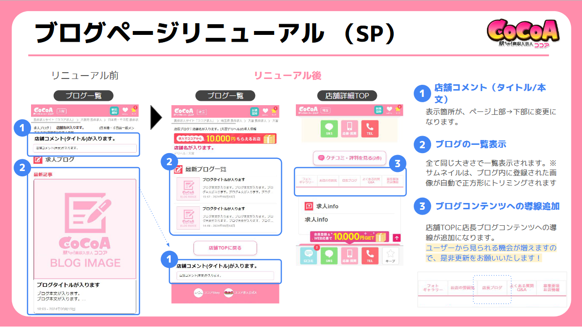 ココア：店舗詳細内「求人ブログページ」仕様変更