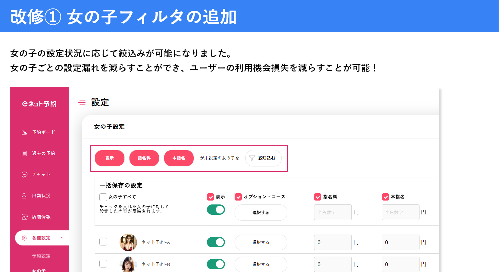駅ちか：eネット予約『 女の子自動表示 』改修